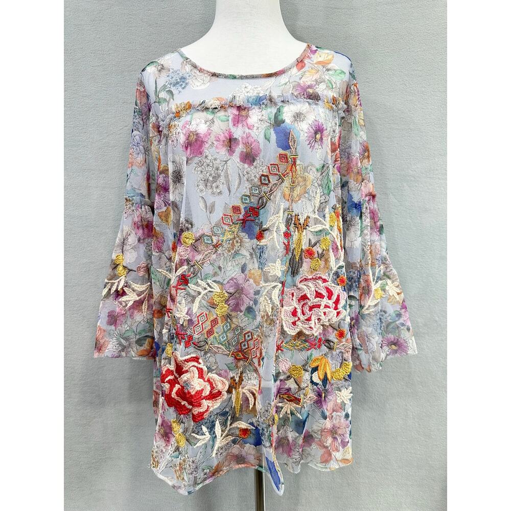 Johnny Was Biya Flora Dancer Mesh Top Floral Embroidered Blouse Medium - Picture 4 of 13
